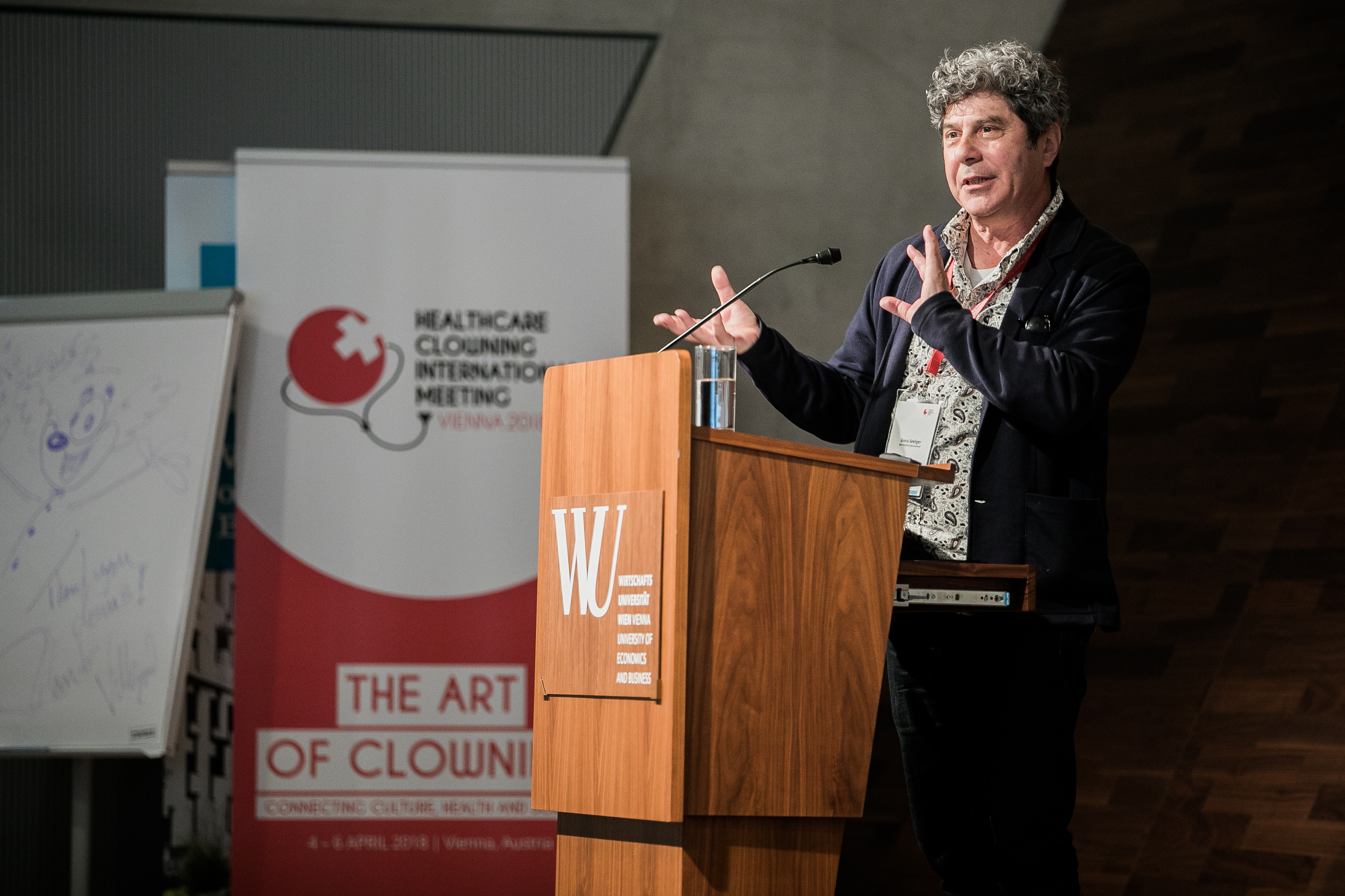 Giora Seeliger is teaching on stage at the Healthcare Clowning International Meeting Vienna 2018